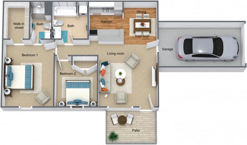Floor plan for 2 beds, 2 baths, 936 sqft